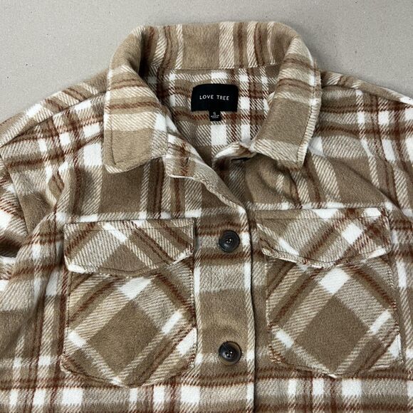 Love Tree Jacket Womens Small Tan Brown White Plaid Overshirt Shacket Fleece - Picture 5 of 11